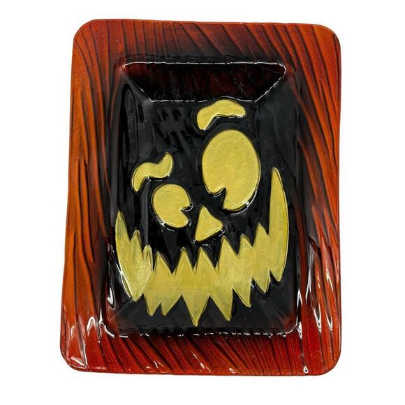 Vintage Halloween Jack-o-Lantern Goofus Glass Serving Tray Plate Orange Black - Picture 1 of 6